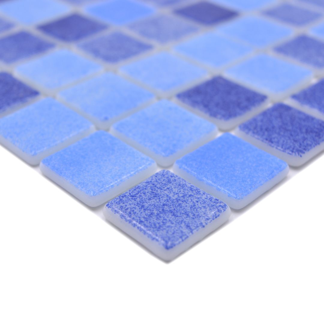 Mosaikfliesen Glas Eco Niebla AZUL hellblau-dunkelblau glänzend 31,6x31,6 cm Dusche Pool Küche Theke