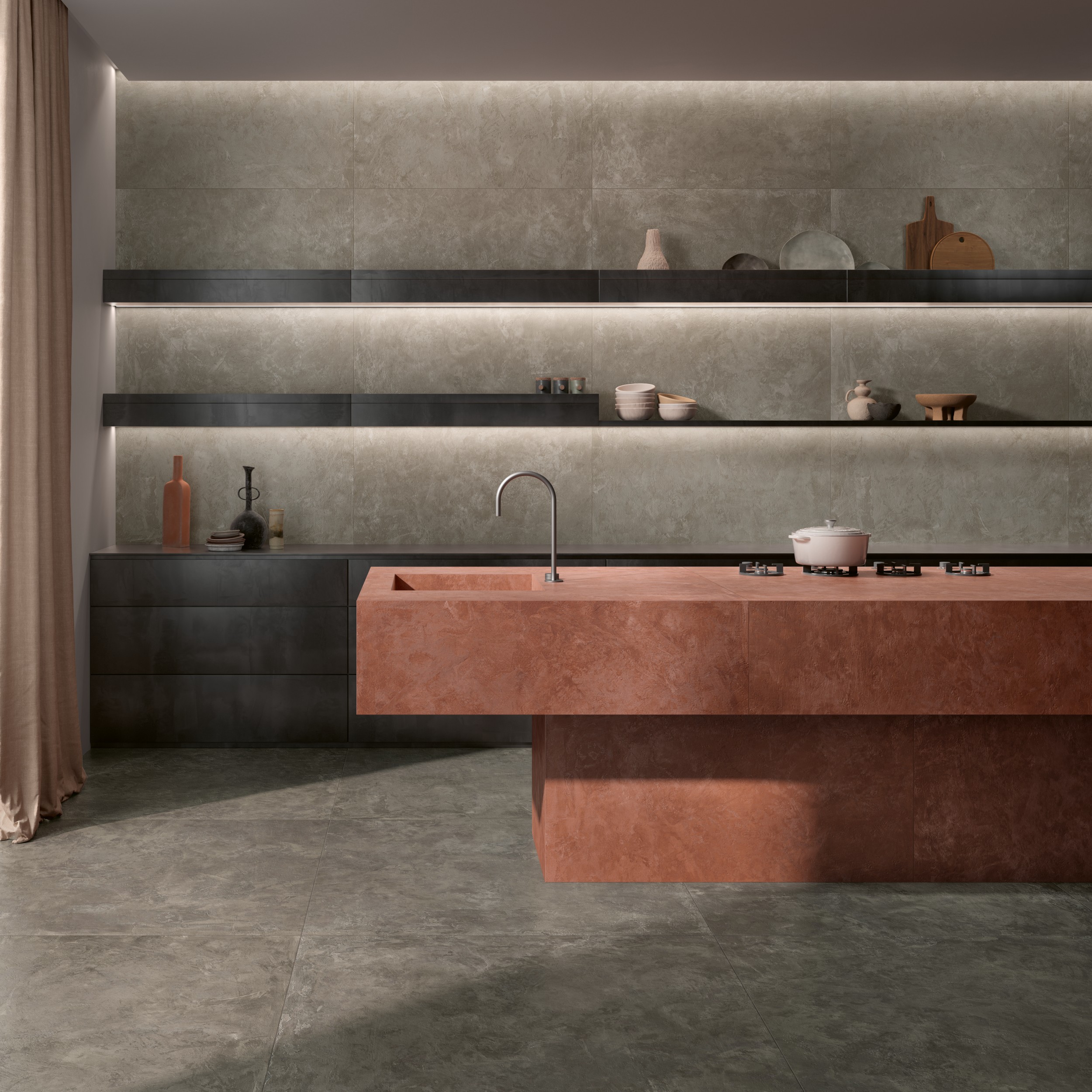 Fliese Zementoptik Tadelakt Berbere Rosso Rot Wandfliese Bodenfliese Ambiente