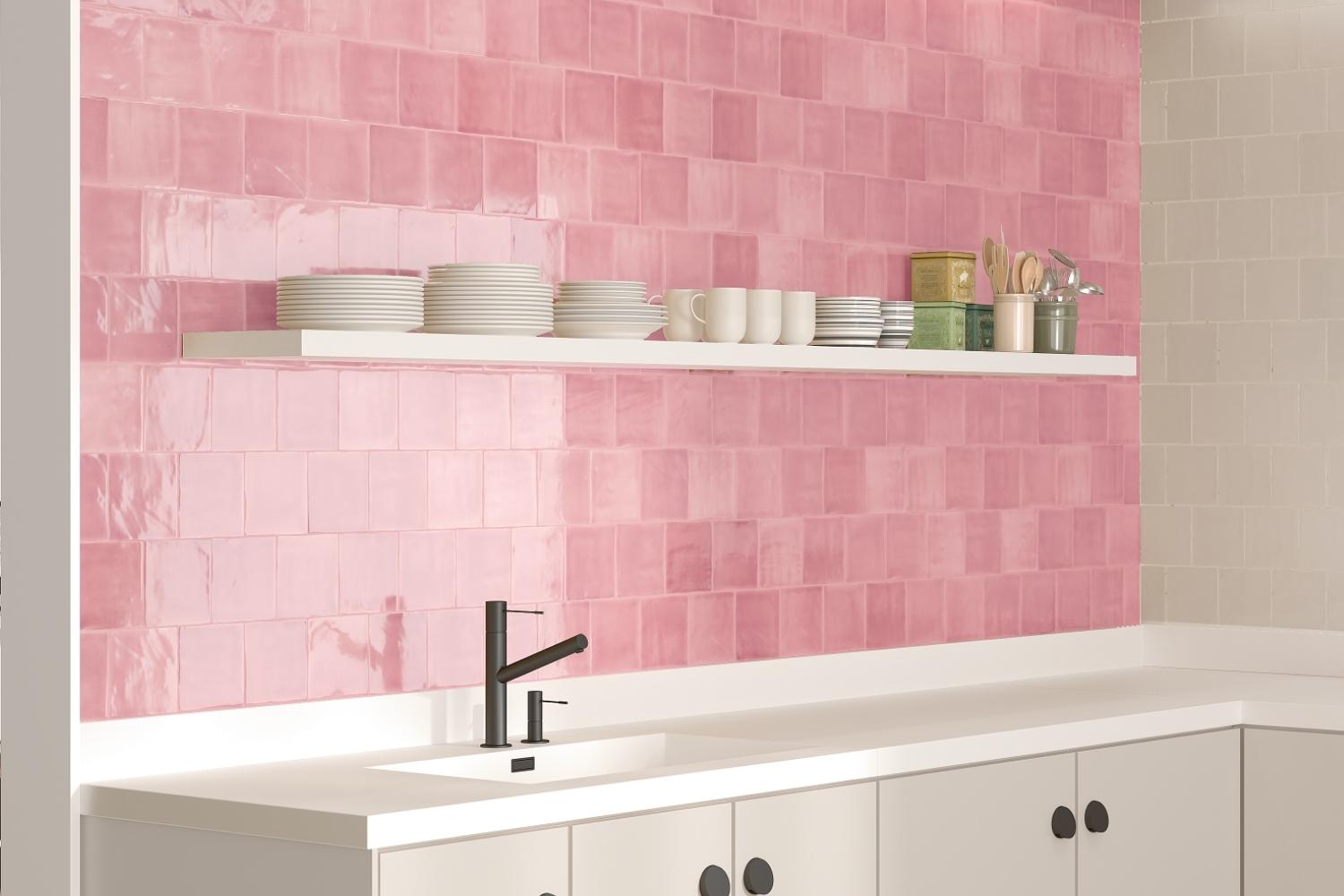 Zellige Wandfliese 15x15 cm "Marrakesh Glow Rosa" rosa glänzend