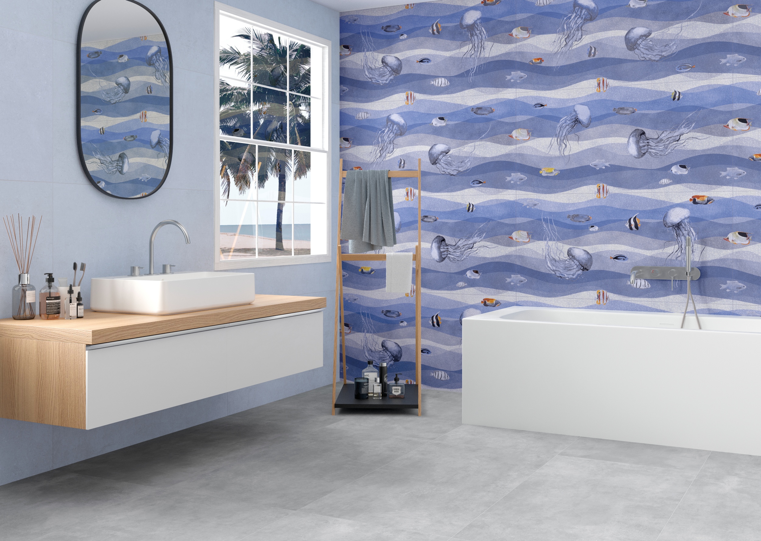 Fliese Wandbild Unterwasserwelt Pacific Wandfliese blau Ambiente im Bad