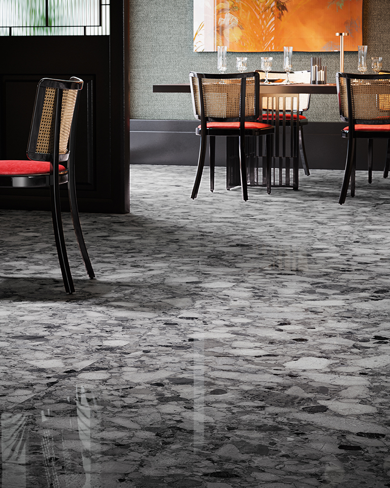 Fliese Terrazzo-Steinoptik schwarz glänzend kalibriert Venistone Dark Sant Agostino