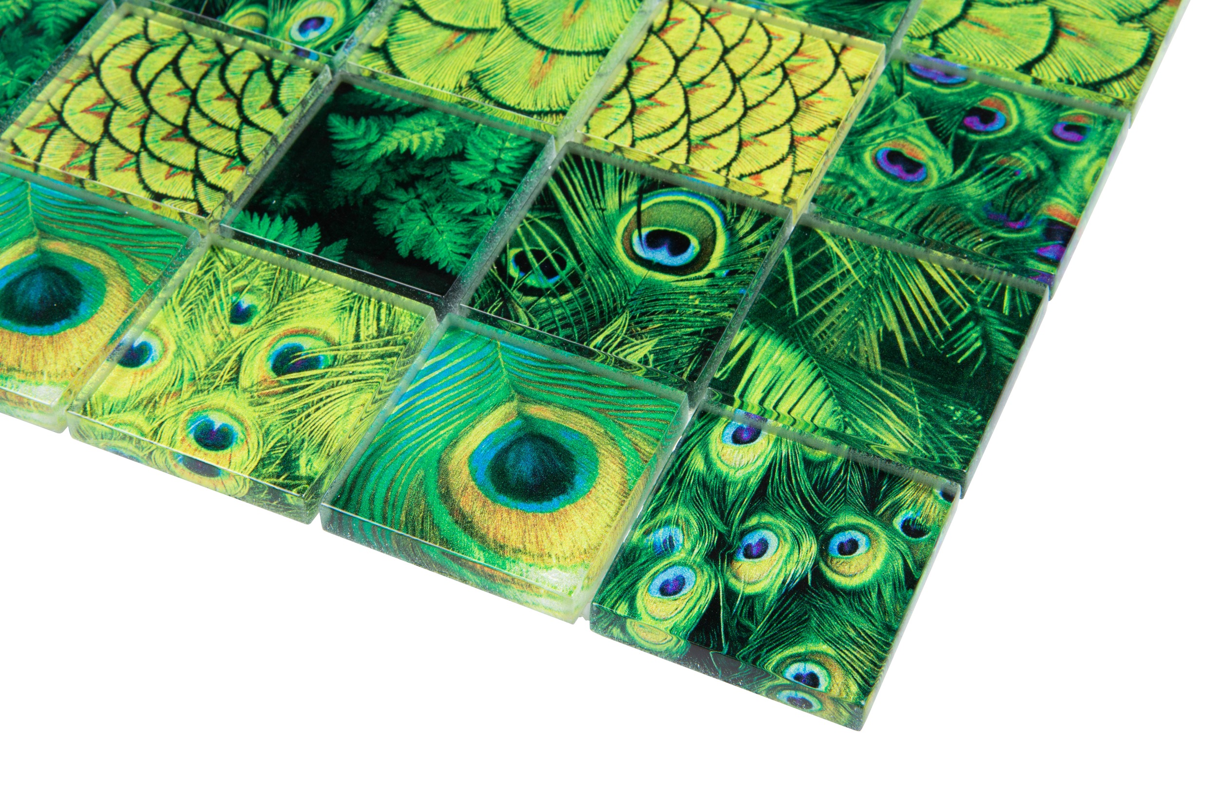 Mosaikfliesen grün "Green Wildlife" Pfau glänzend 29,8x29,8cm netzverklebt