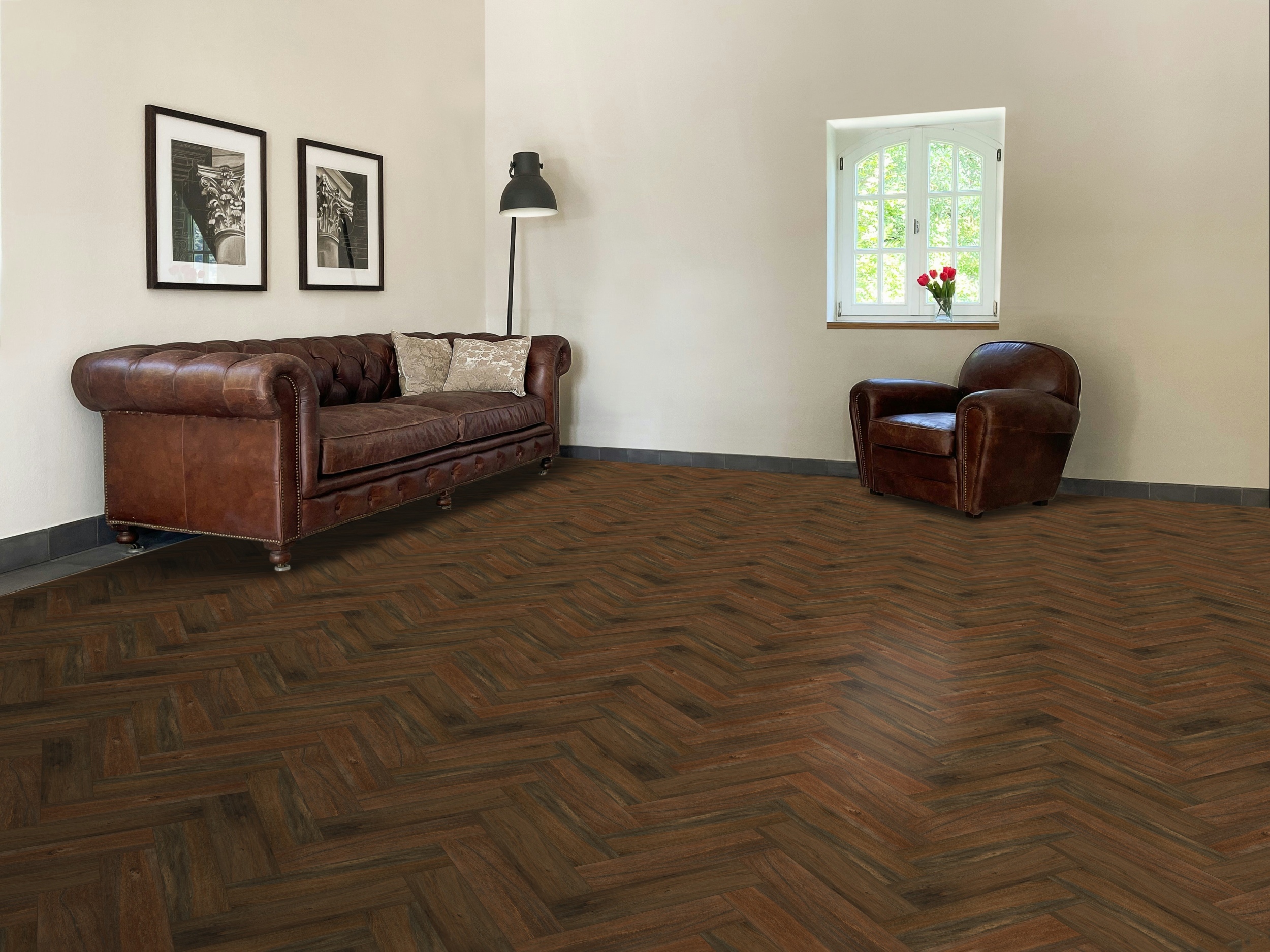 Fliese Eiche-Holzoptik Fischgrät 10x40 cm I Lecci Verniciato Herringbone dunkelbraun Ambiente Wohnzimmer