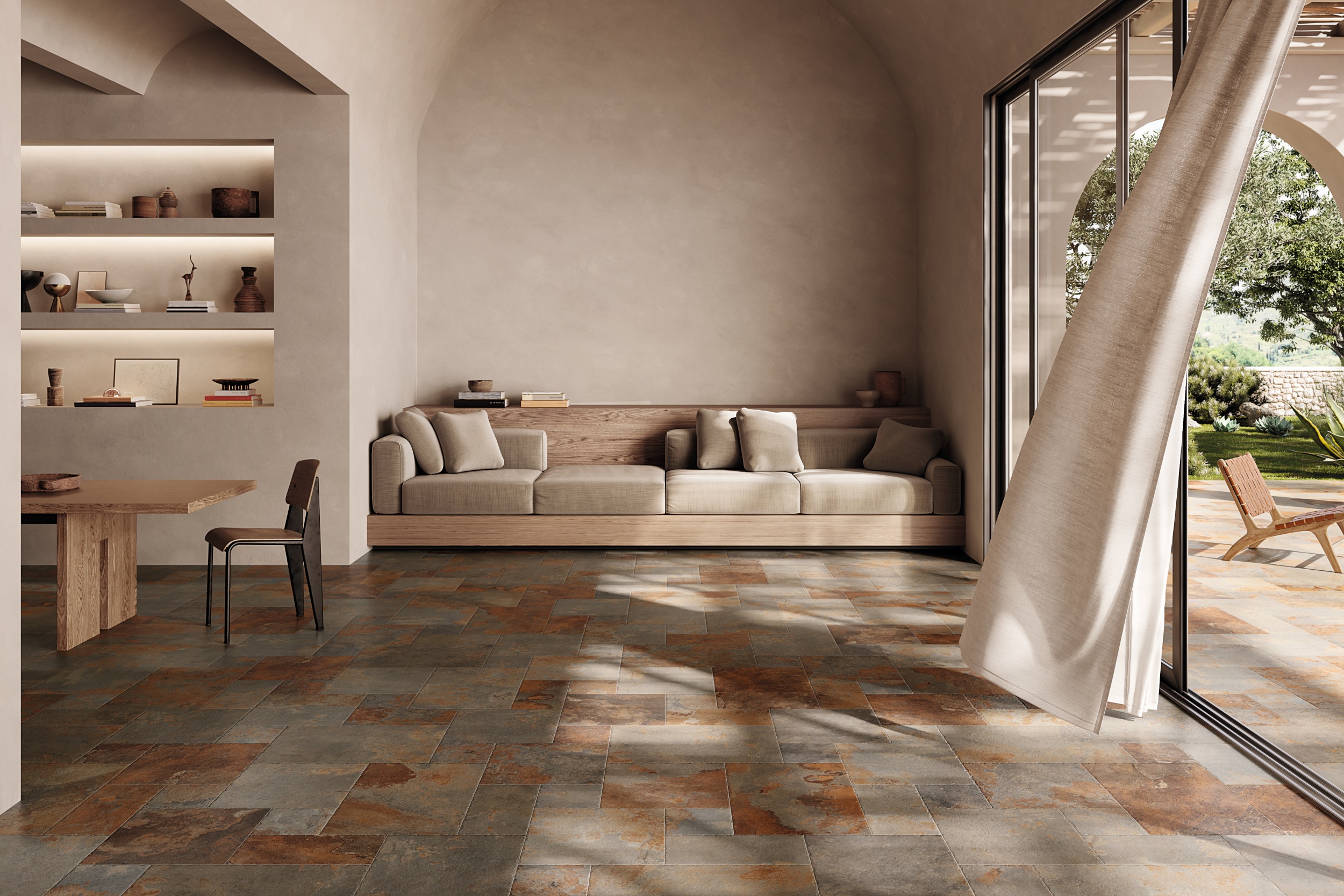 Bodenfliesen-Set Römischer Verband Di Pietra Bali Red Steinoptik rot blau im Wohnzimmer