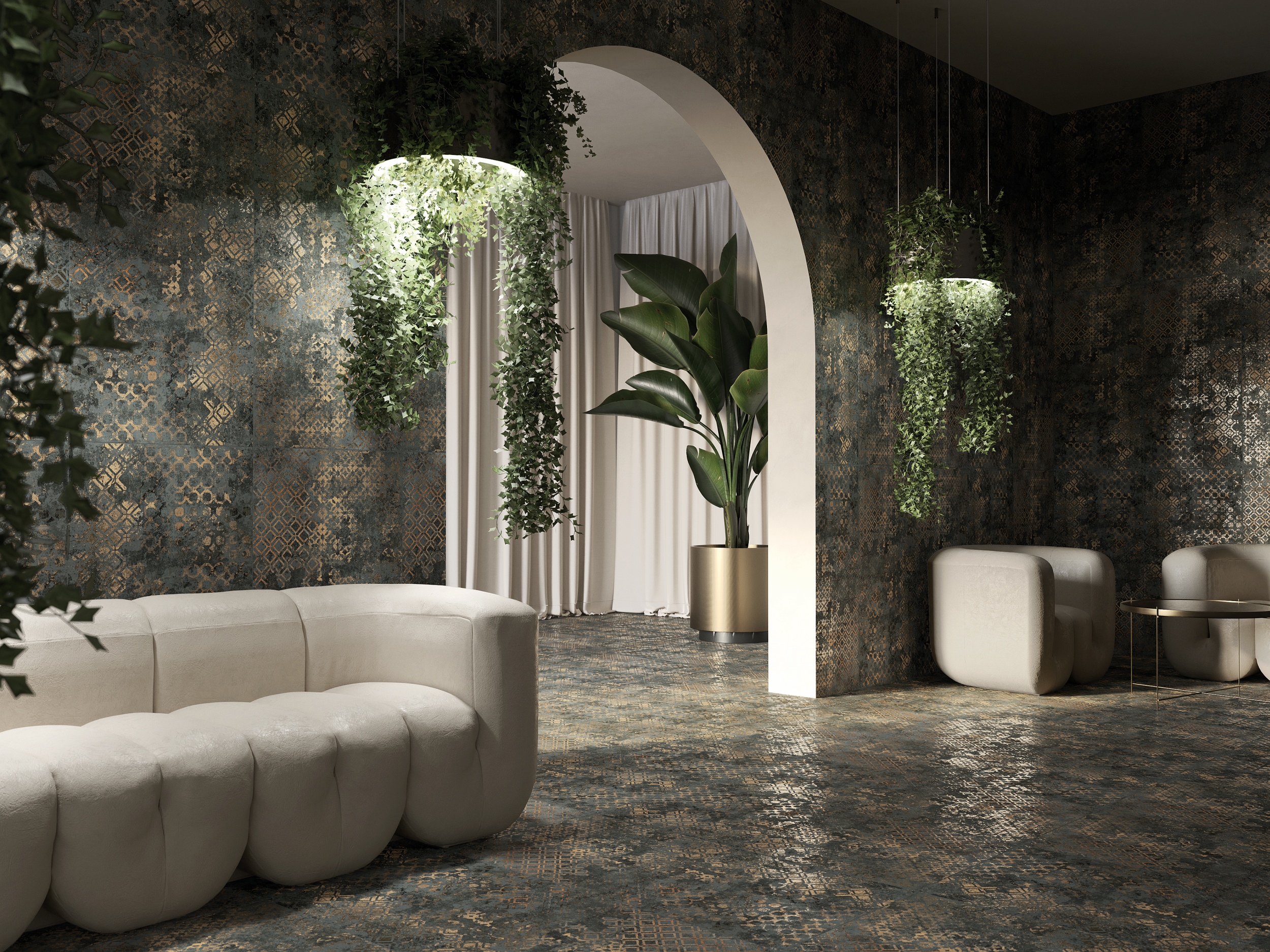 Fliese orientalisch edel Ornamente Affreschi Caravaggio Kupfer-Metallic-Effekt glänzend grau Luxus