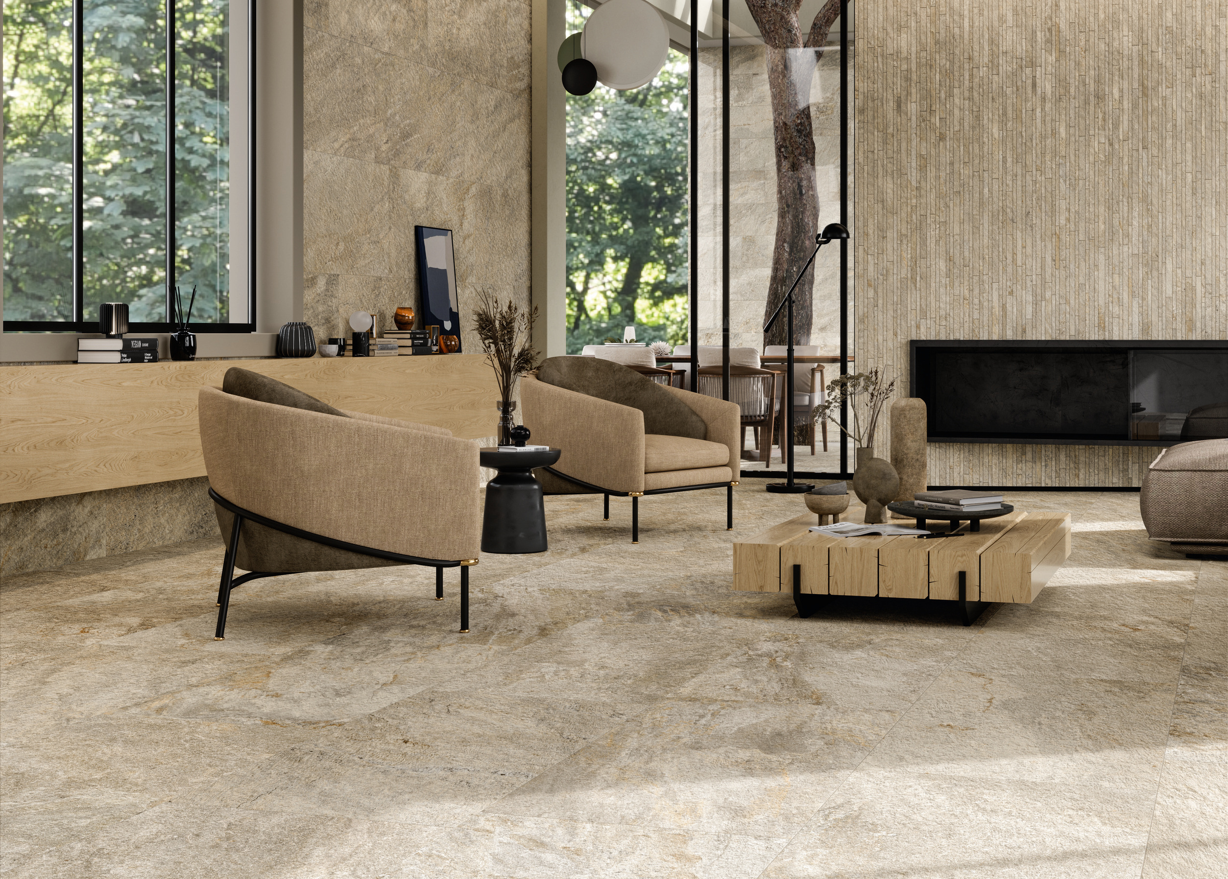 Bodenfliesen Steinoptik Norde Magnesio Atlas Concorde hellgrau beige im Wohnzimmer