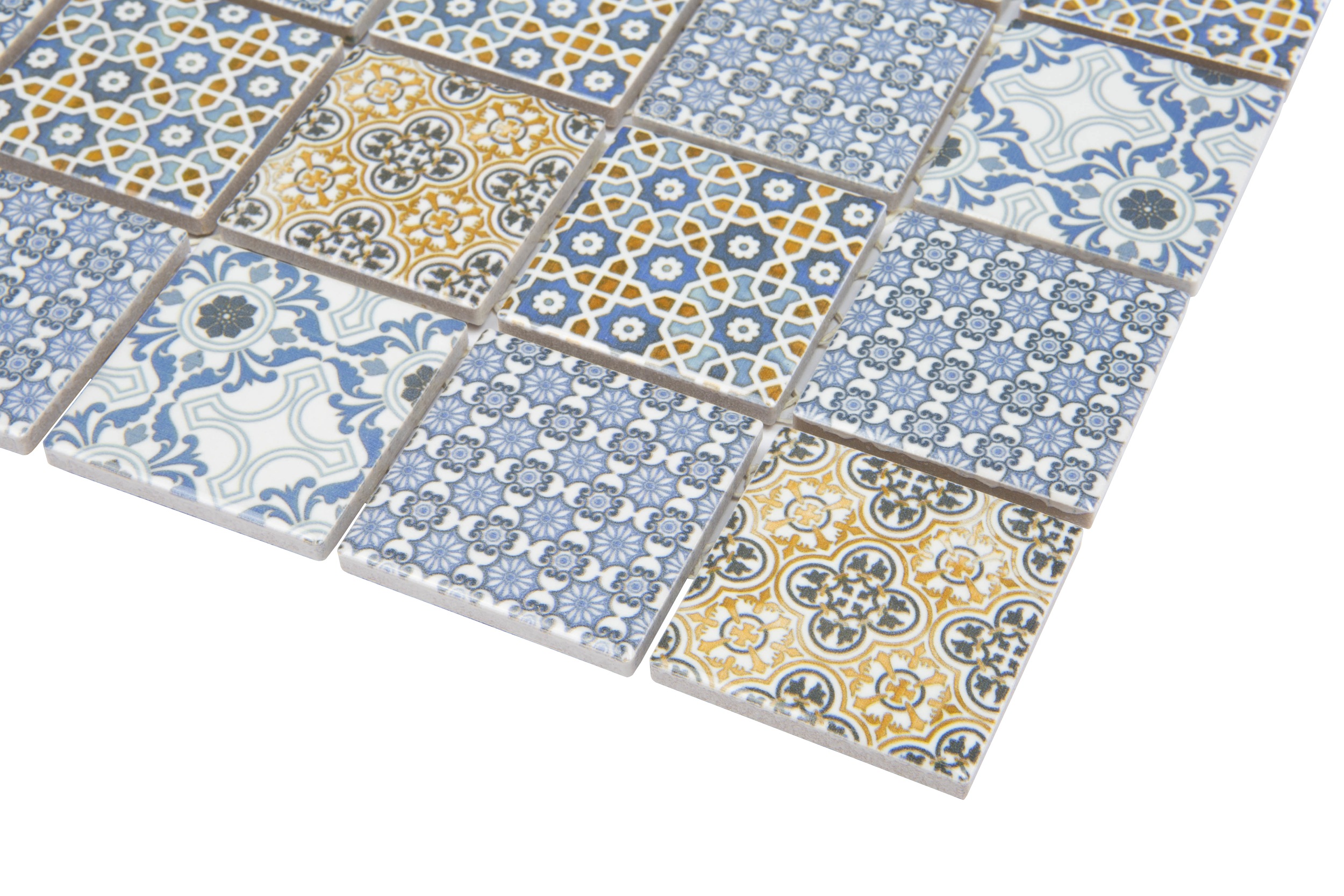 Vintage-Mosaikfliesen Patchwork Retro Ornamente glänzend 29,7x29,7cm blau orange netzverklebt