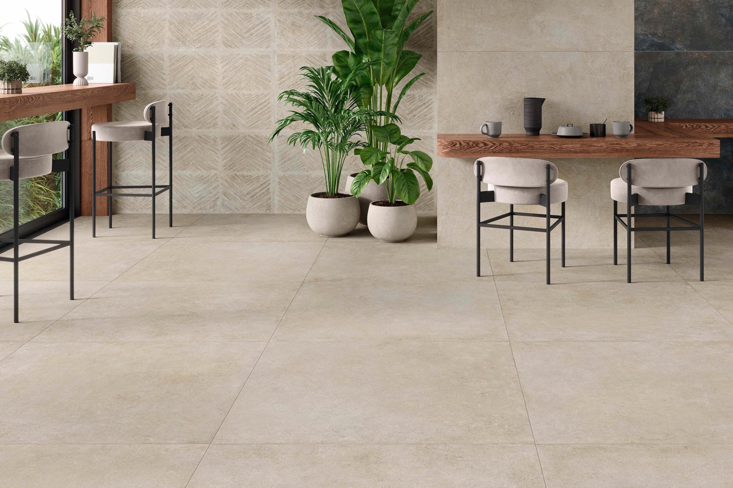 Fliese Betonoptik Ferro Greige matt Bodenfliese Wandfliese sand-beige in Küche