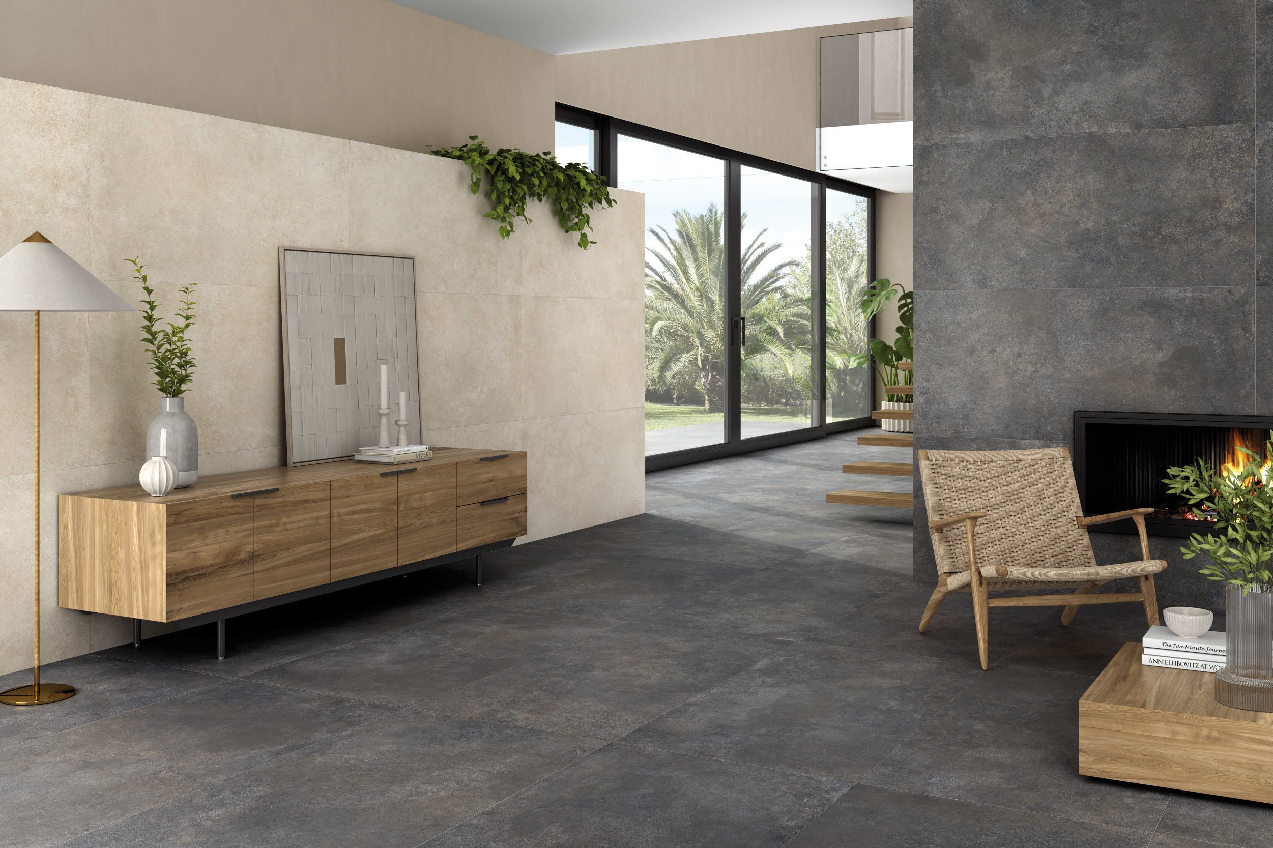 Fliese Betonoptik Ferro Tobacco matt Bodenfliese Wandfliese dunkelgrau braun im Wohnzimmer