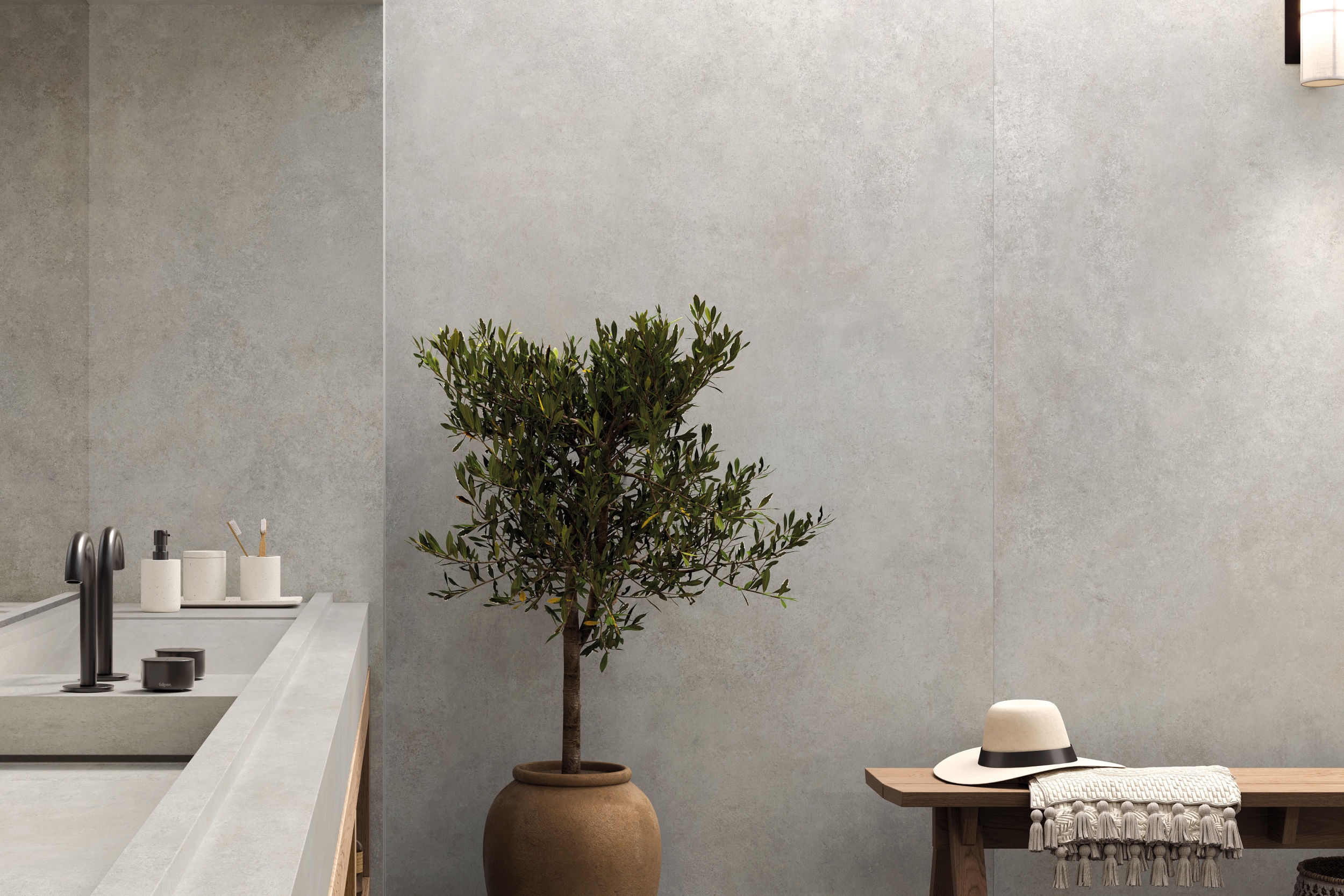 Fliese Betonoptik Ferro Pearl matt Bodenfliese Wandfliese creme elfenbein im Badezimmer