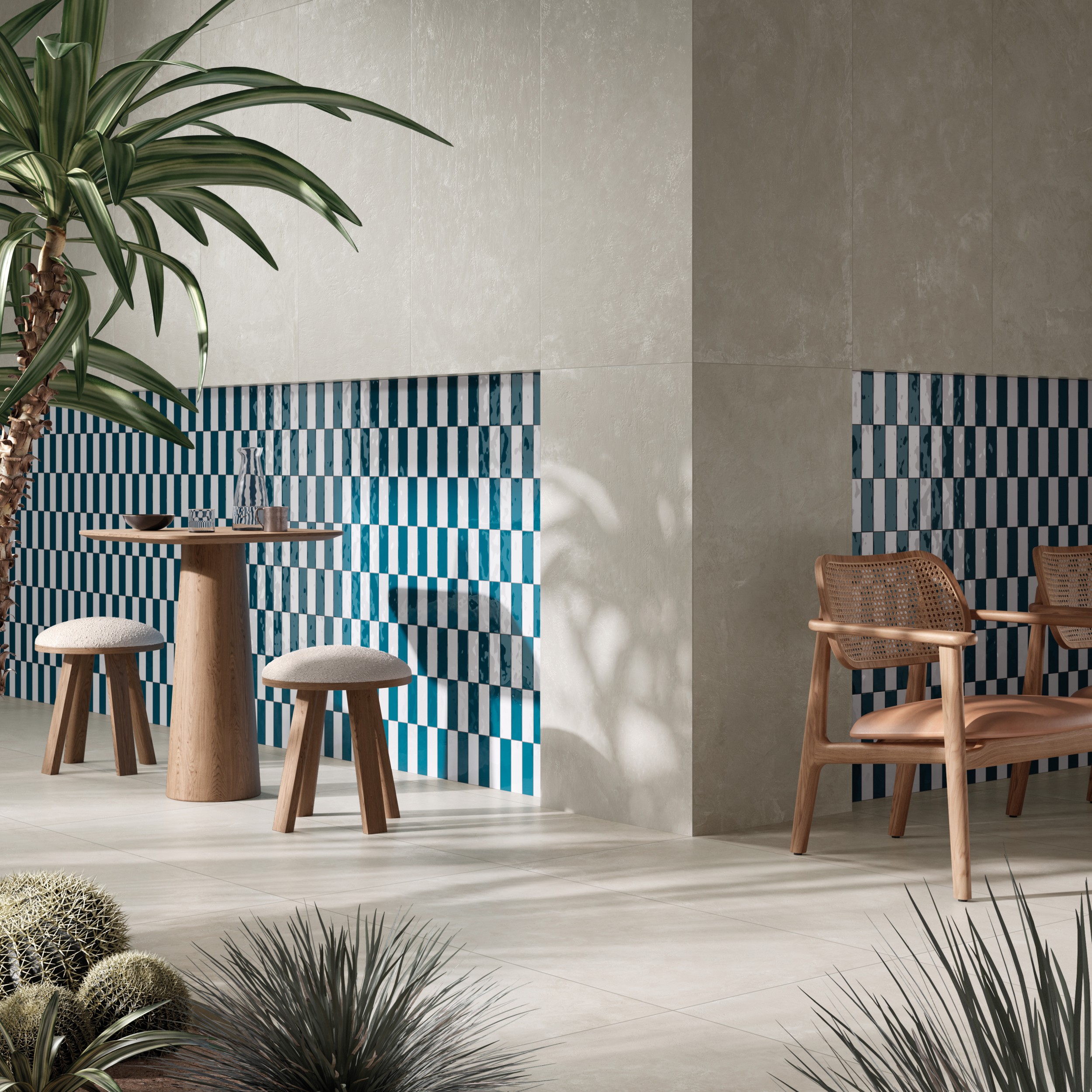 Fliese Zementoptik Tadelakt Jasmine Bianco Creme-Weiß Wandfliese Wodenfliese Ambiente