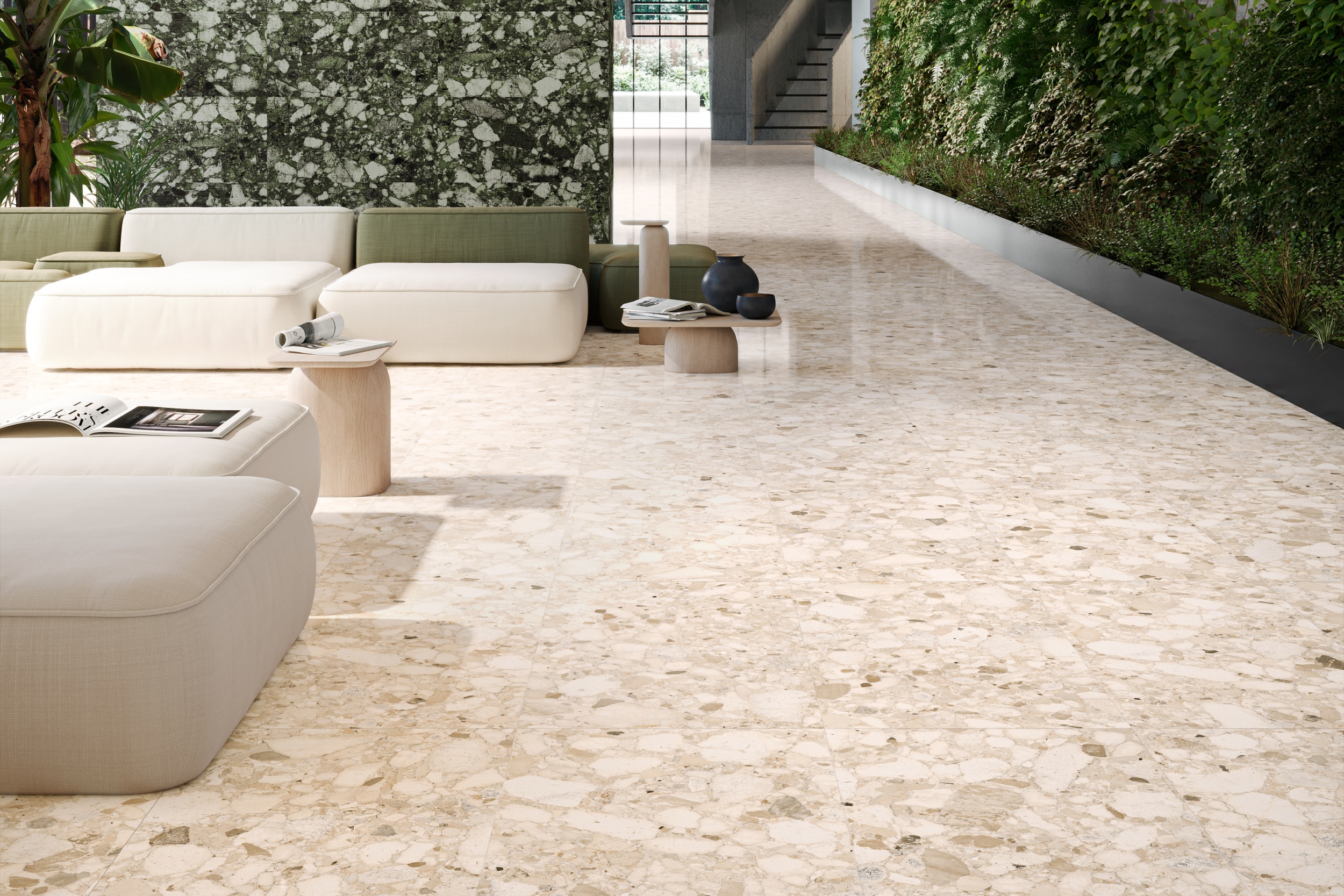 Terrazzo-Fliese große Steinoptik Veni Beige glänzend Bodenfliesen Wandfliesen Luxus