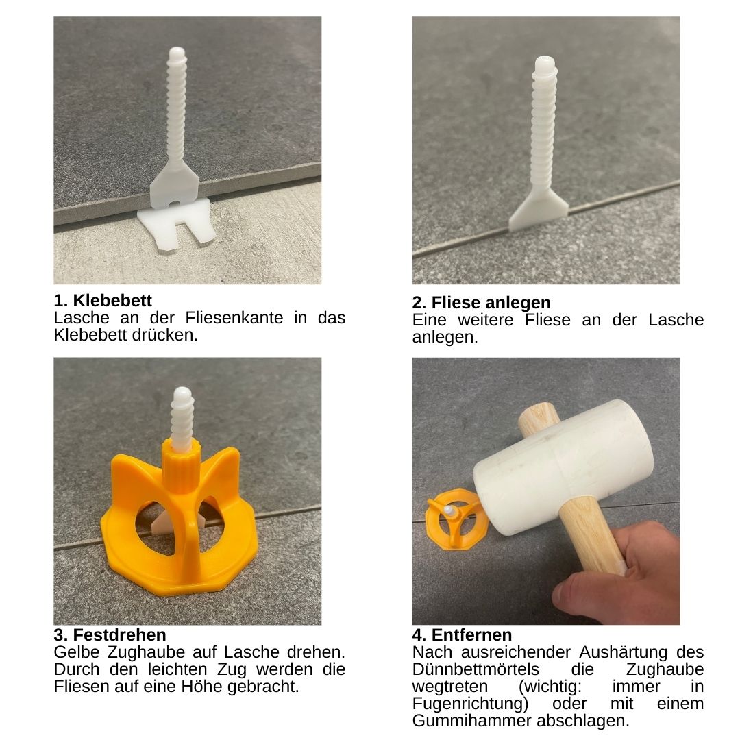 Fliesen Nivelliersystem Verlegehilfe Set mit 100 Laschen 1,5 mm & 100 Zughauben