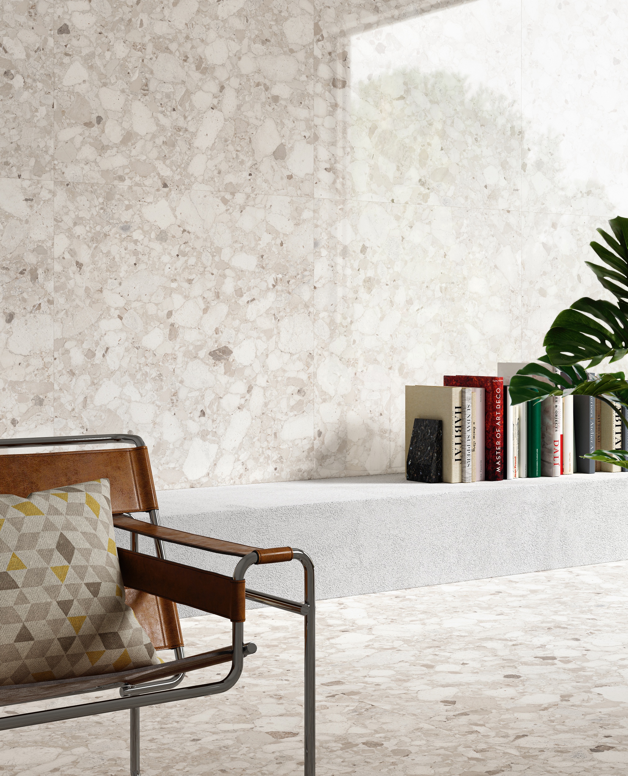 Terrazzo-Fliese große Steinoptik Veni Ivory glänzend Bodenfliesen Wandfliesen Luxus Fliesen im Wohnzimmer