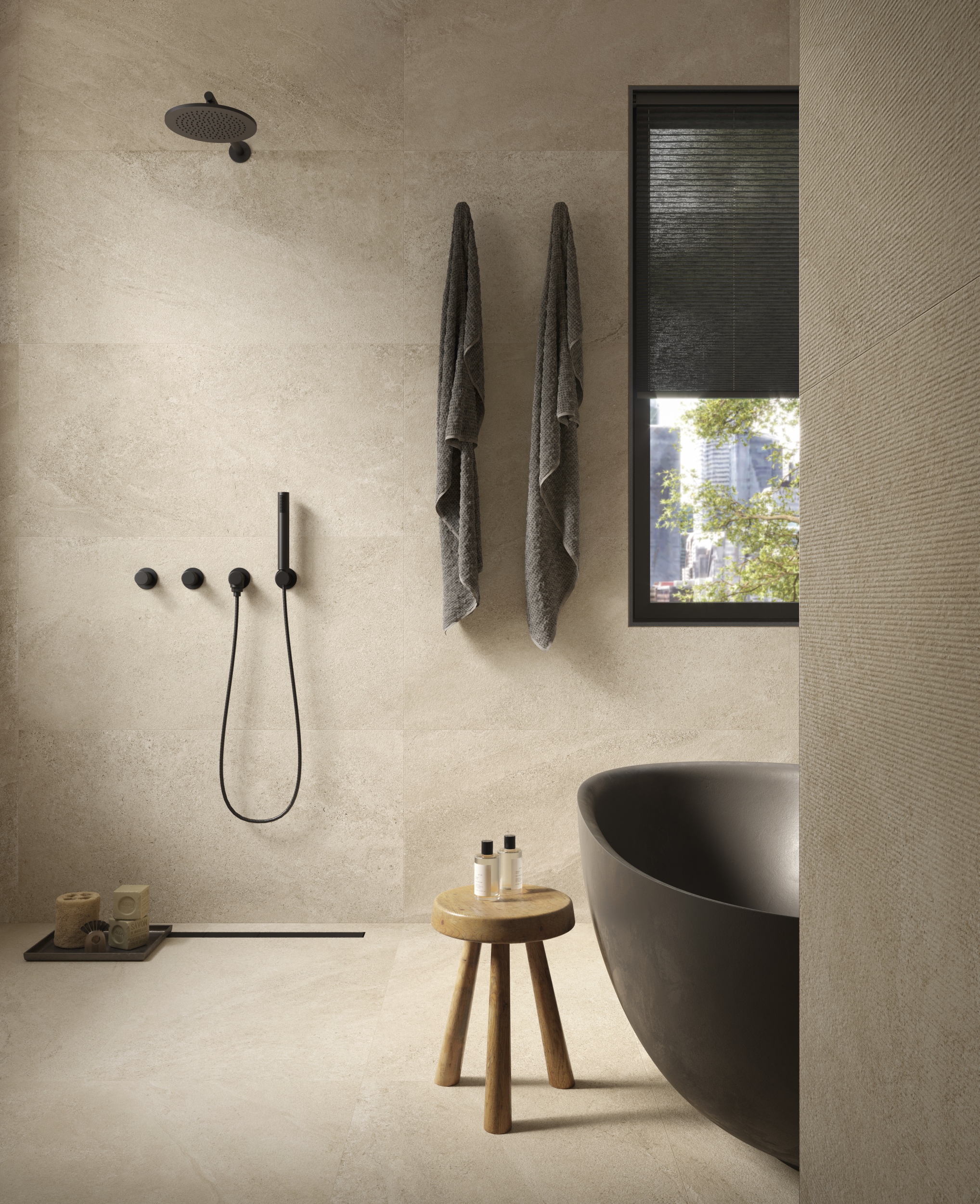 Bodenfliese Natursteinoptik Sant Agostino Bergstone Ivory Steinoptik beige im Bad