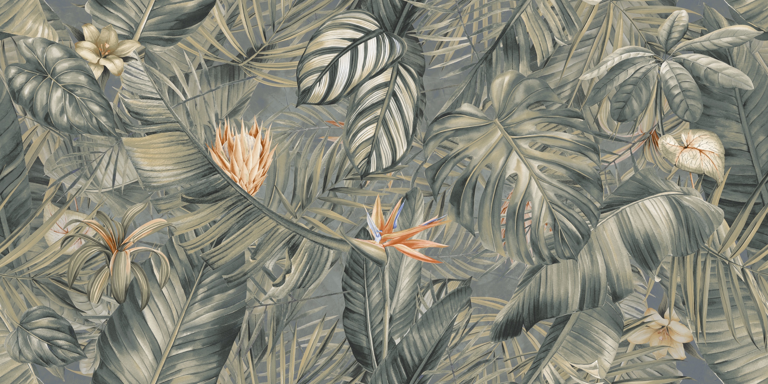 Wandfliese Fantasy Paradise 60x120 cm Monstera Strelizie Palmen Blätter Pflanzen tropisch Dschungel grün