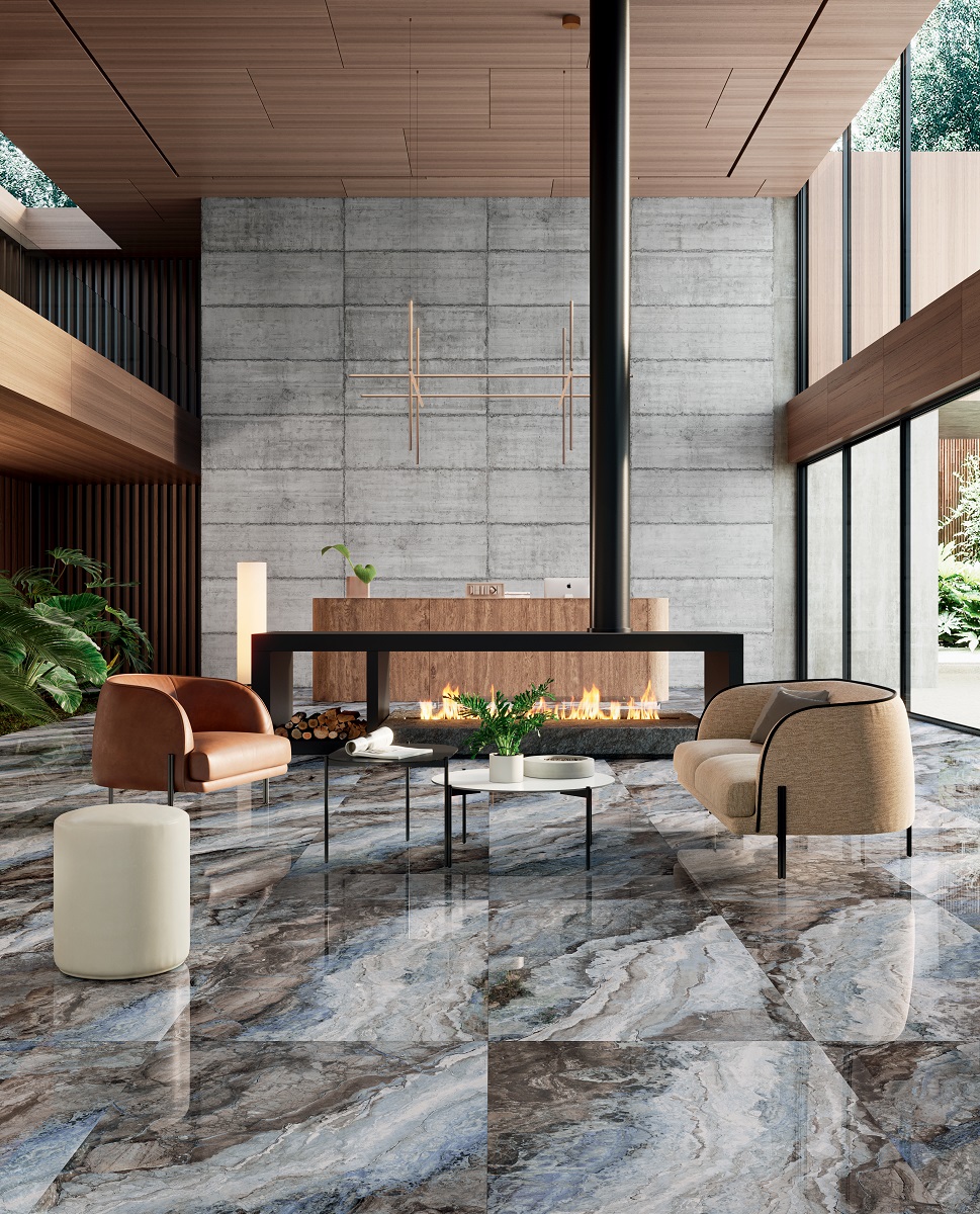 Fliese Marmor-Optik blau schwarz marmoriert glänzend Mystic Ocean poliert Sant Agostino