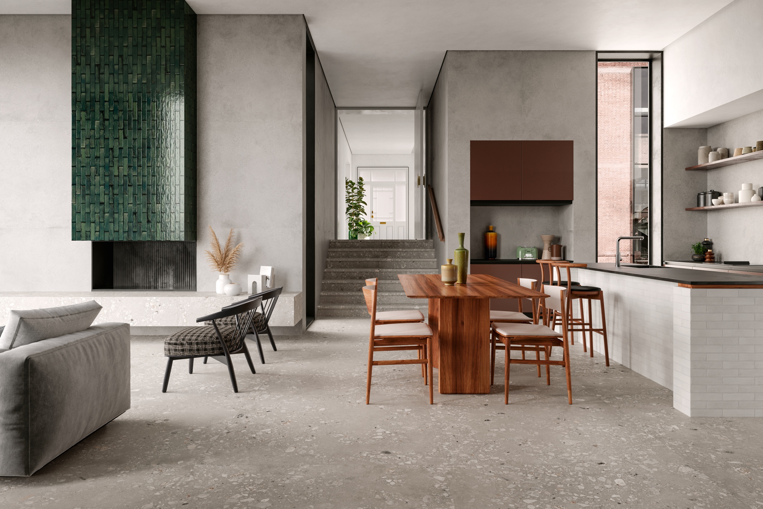 Fliese Terrazzo-Optik Logico Cosmo Cement Sant Agostino grau-braun im Wohnzimmer