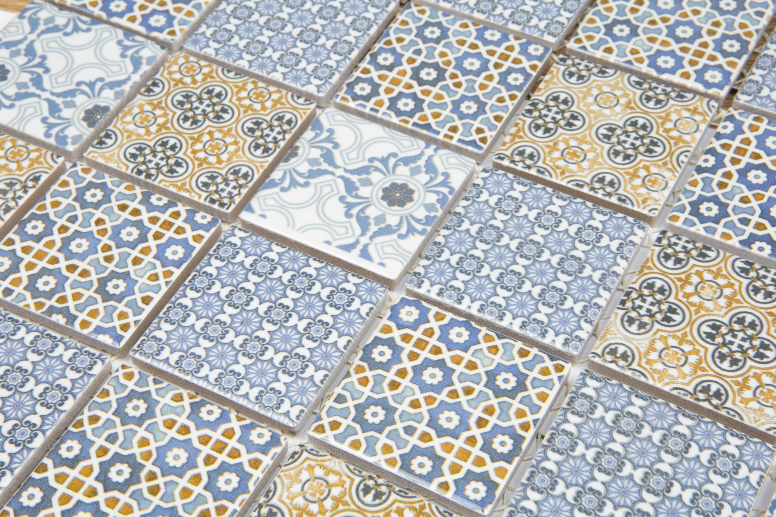 Vintage-Mosaikfliesen Patchwork Retro Ornamente glänzend 29,7x29,7cm blau orange netzverklebt