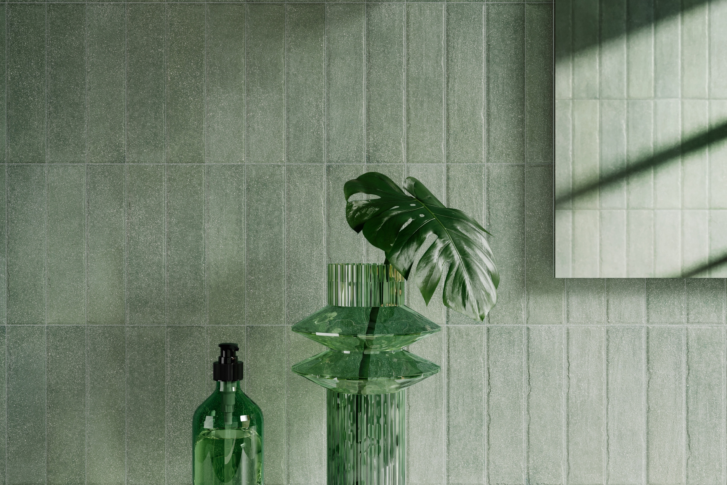 Fliese unregelmäßige Oberfläche 5x20 cm "Tetris Muschio" grün matt