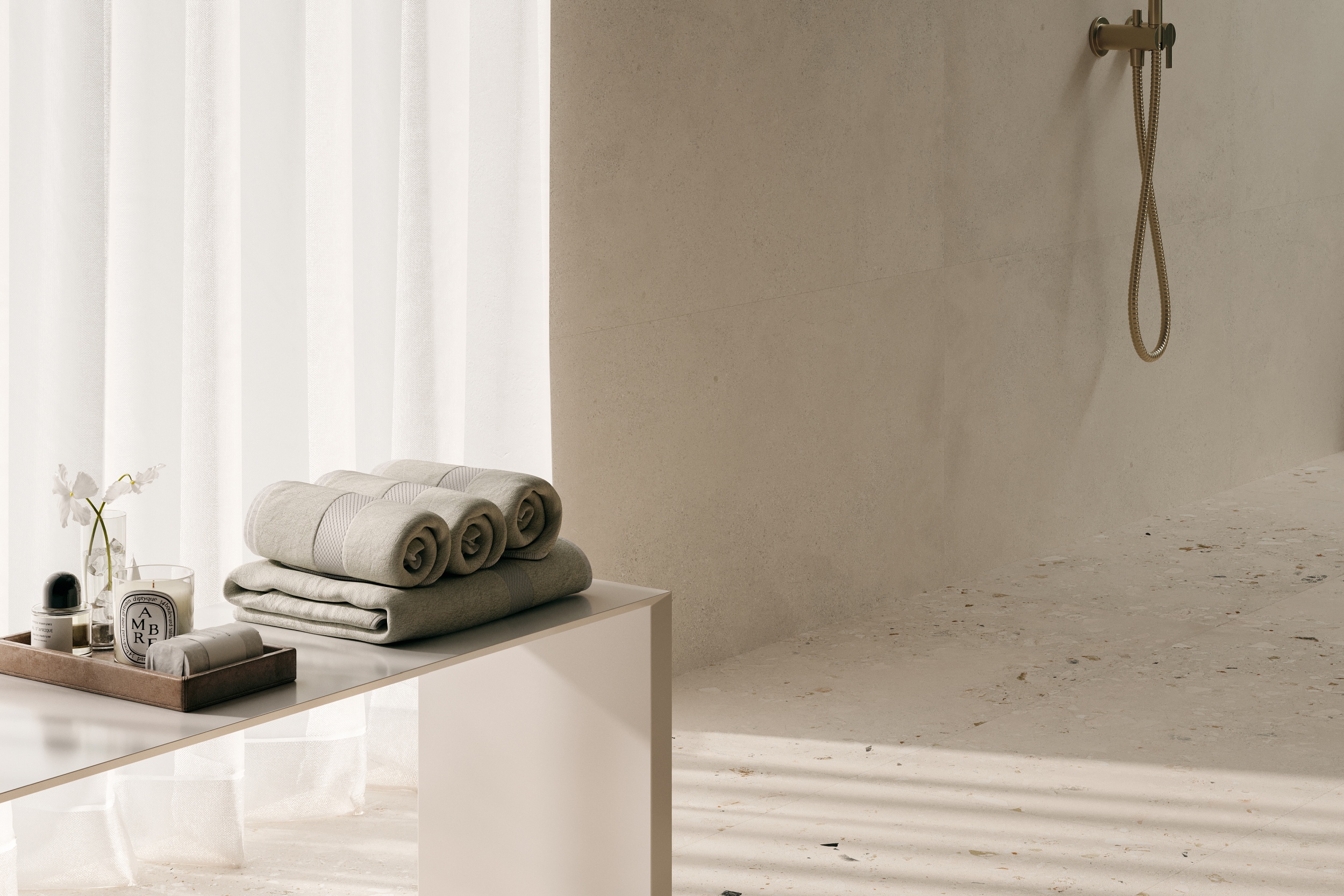 Fliese Zementoptik mit Terrazzo Logico Light Sant Agostino creme elfenbein im Badezimmer