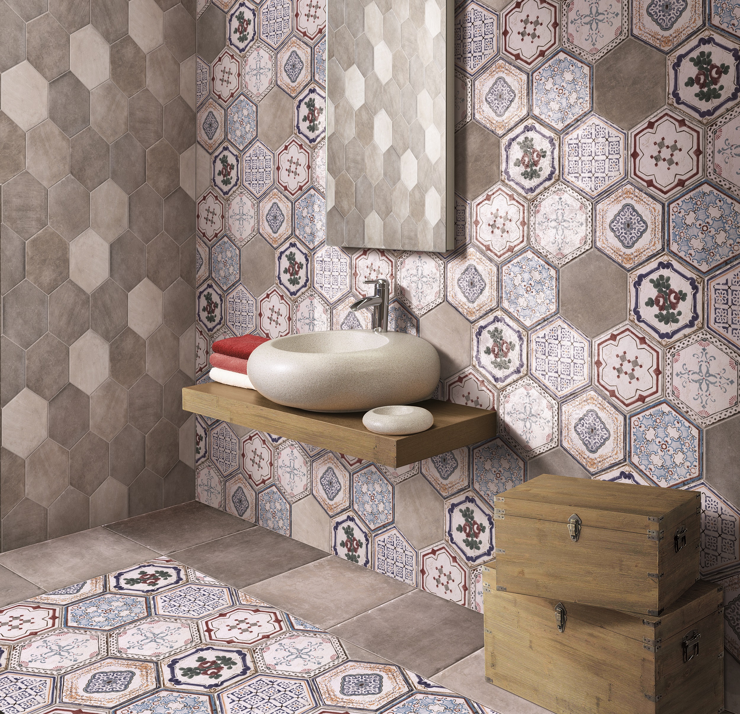 Fliese Sechseck Hexagon Vintage Rustikal grau New Orleans Bourbon Street CIR