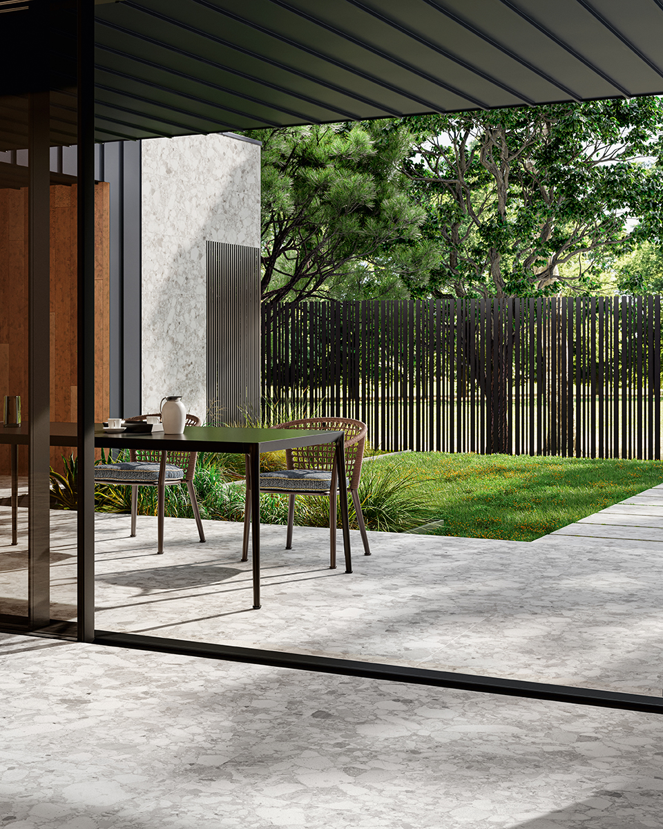 Terrassenplatte Terrazzo-Steinoptik hellgrau 60x120 cm "Venistone Pearl" rektifiziert 2 cm