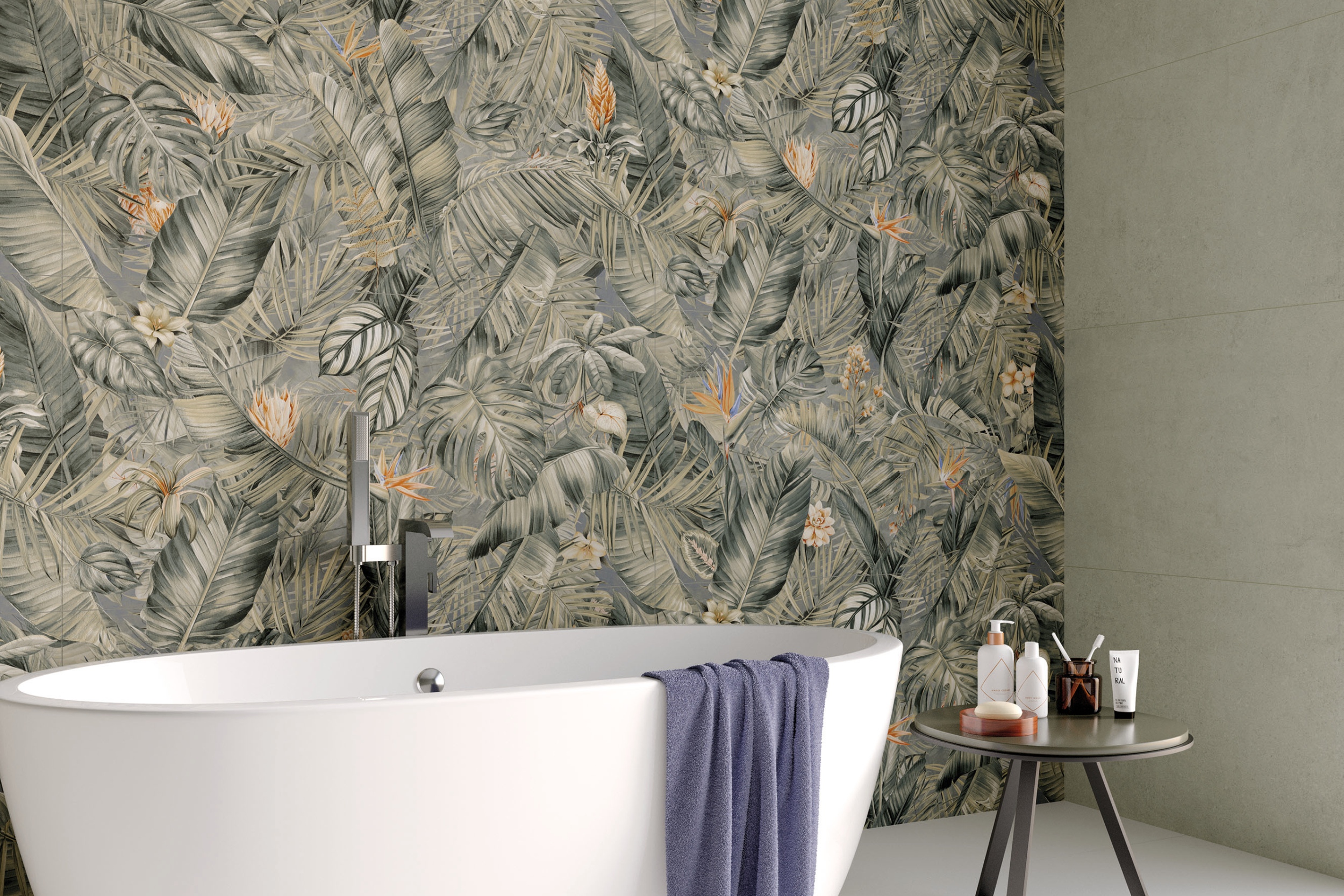 Wandfliese Fantasy Paradise 60x120 cm Monstera Strelizie Palmen Blätter Pflanzen tropisch Dschungel grün