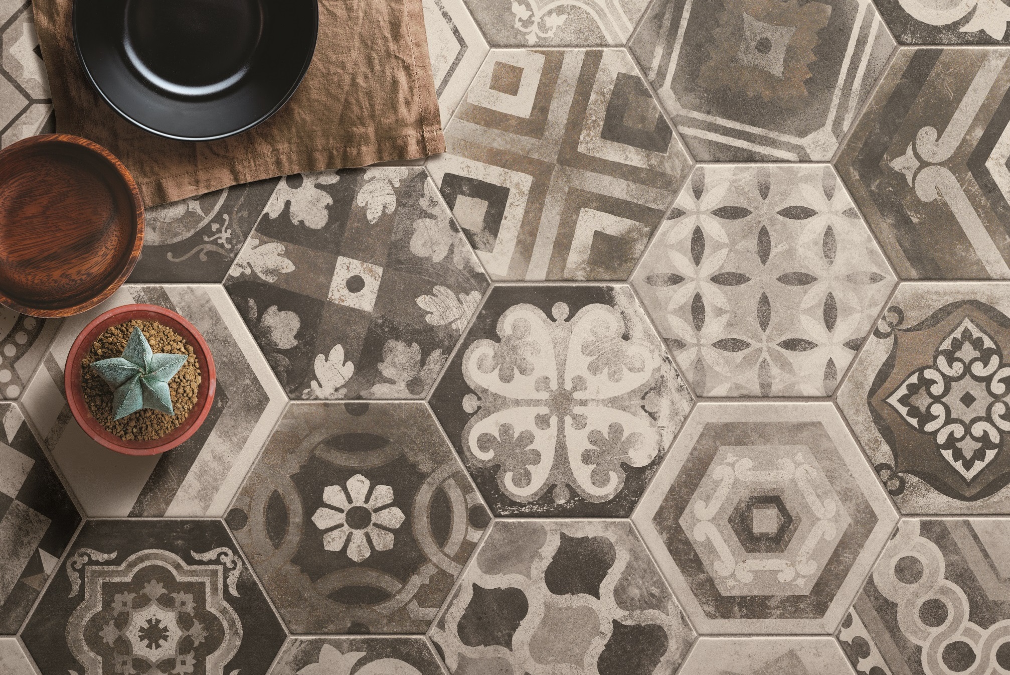 Fliese Sechseck Hexagon Dekor Retro Vintage Rustikal Miami Mix CIR zufällige Dekore