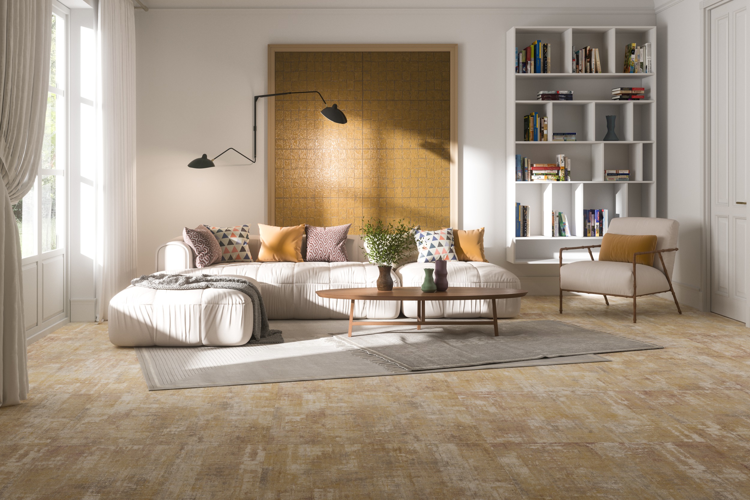 Bodenfliese Aparici Milano Ocre Textiloptik Teppichoptik ocker-gelb im Wohnzimmer