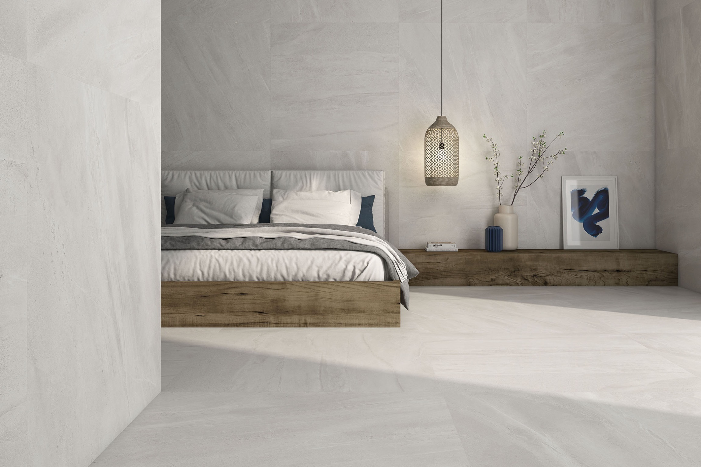 Fliese Steinoptik Lavica Arena Bodenfliese Wandfliese elefnbein creme im Schlafzimmer