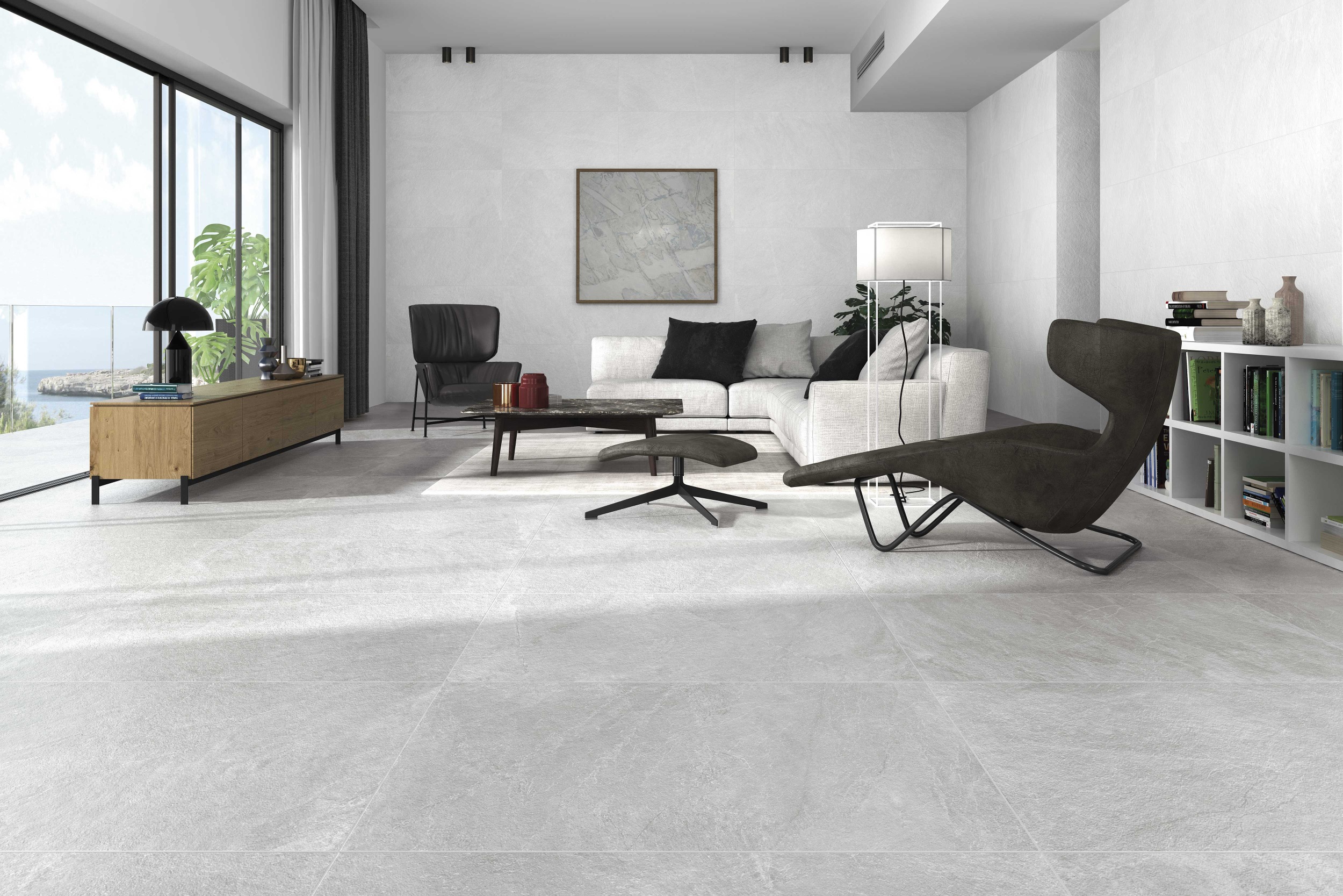 Fliese Schieferoptik Steinoptik Slaterock Grey Bodenfliesen Wandfliesen grau hellgrau im Wohnzimmer