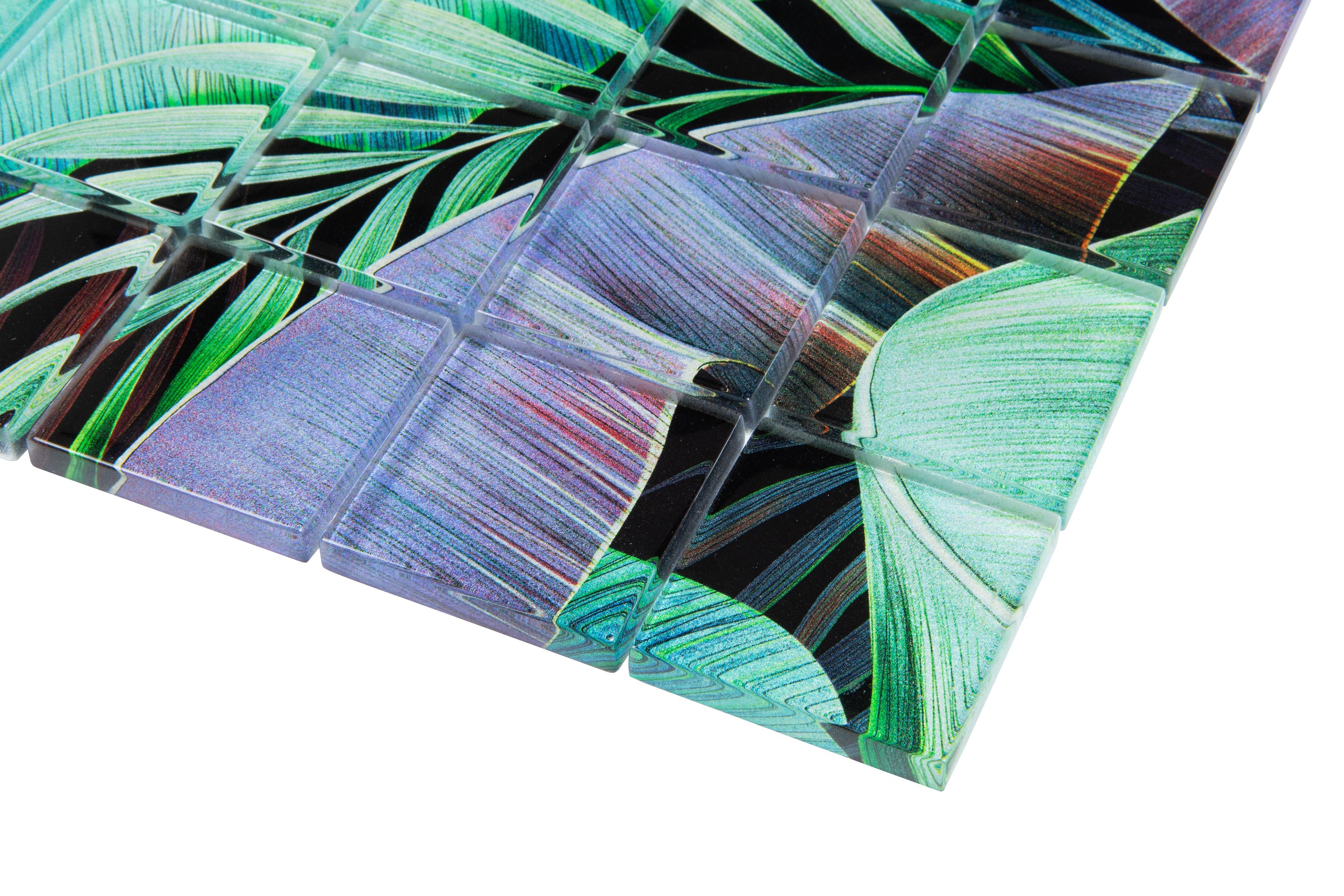 Glasmosaik Mosaikfliese tropisch Dschungel Regenwald Crystal grün lila mit Blätter Palmen Pflanzen