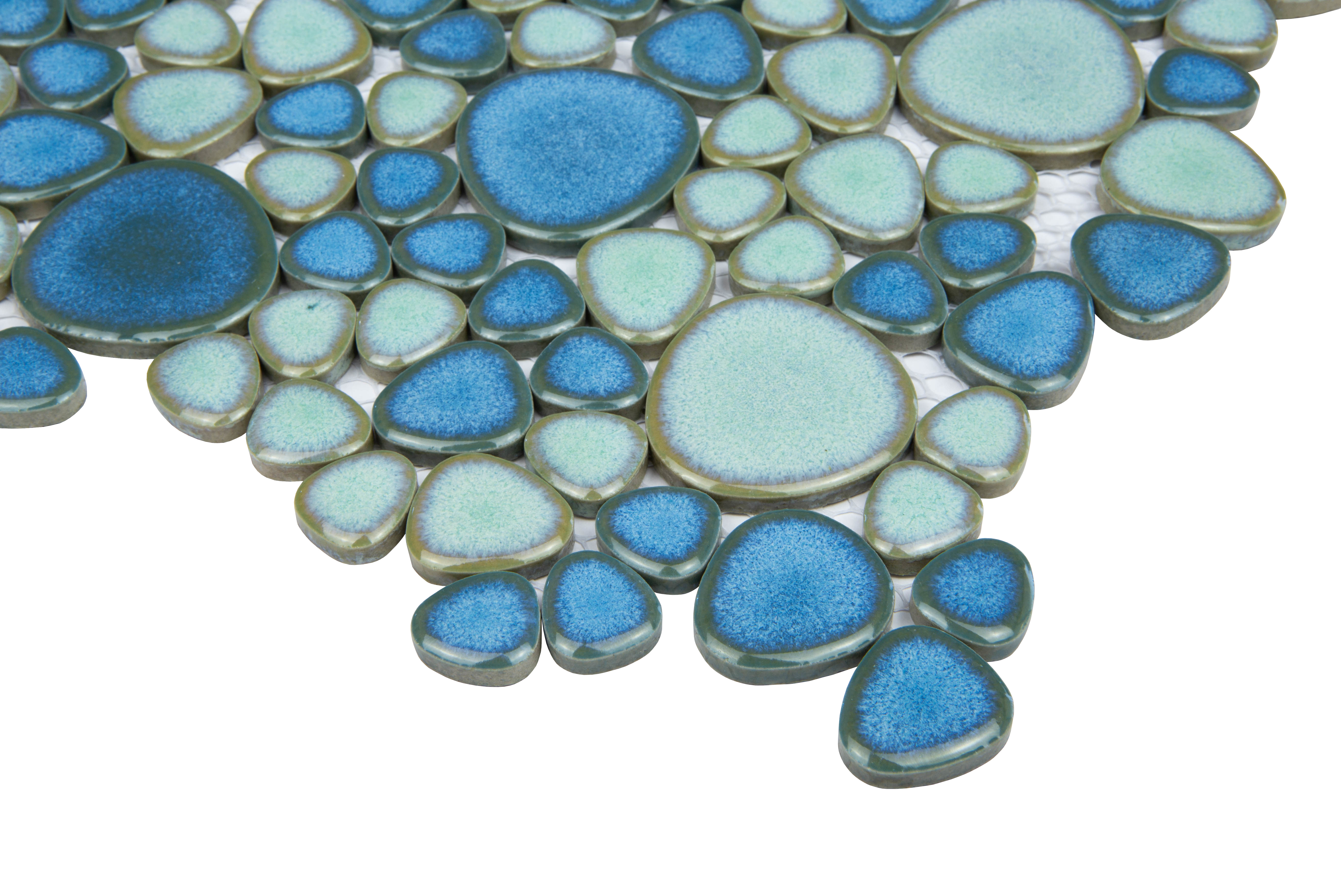 Mosaikfliesen blau grün Kiesel Mosaik Steine oval Pebbles Kieselsteine glänzend