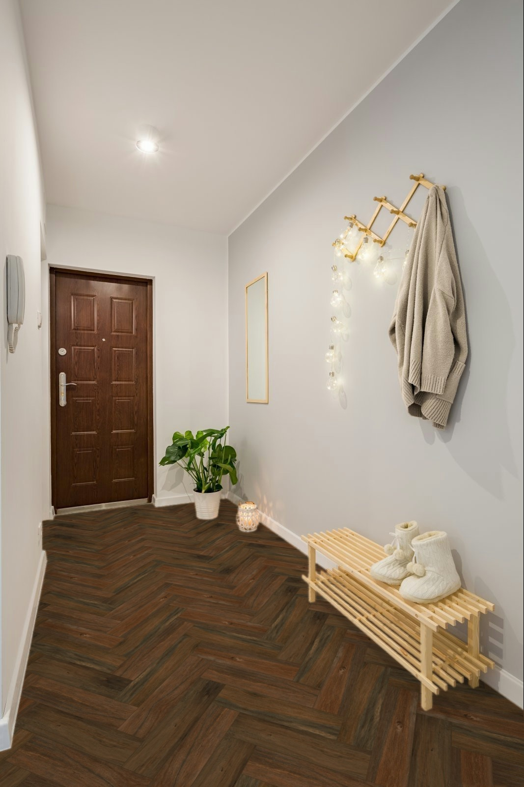 Fliese Eiche-Holzoptik Fischgrät 10x40 cm I Lecci Verniciato Herringbone dunkelbraun Ambiente Flur