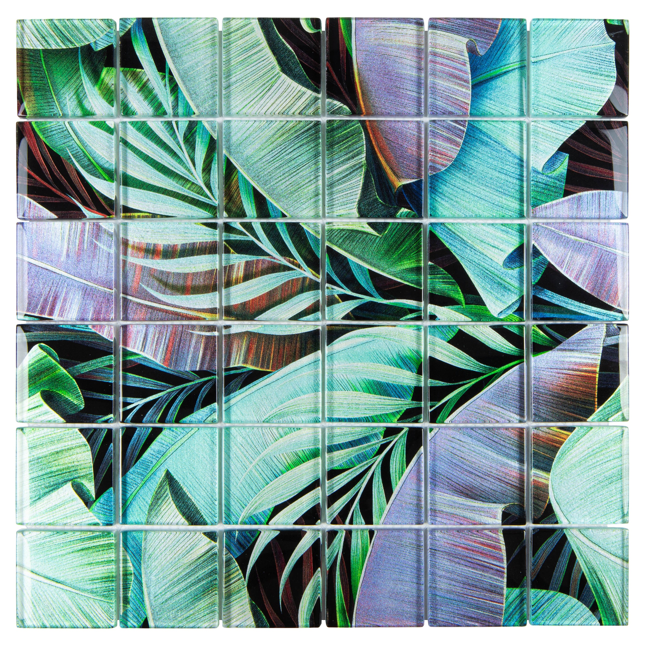 Glasmosaik Mosaikfliese tropisch Dschungel Regenwald Crystal grün lila mit Blätter Palmen Pflanzen