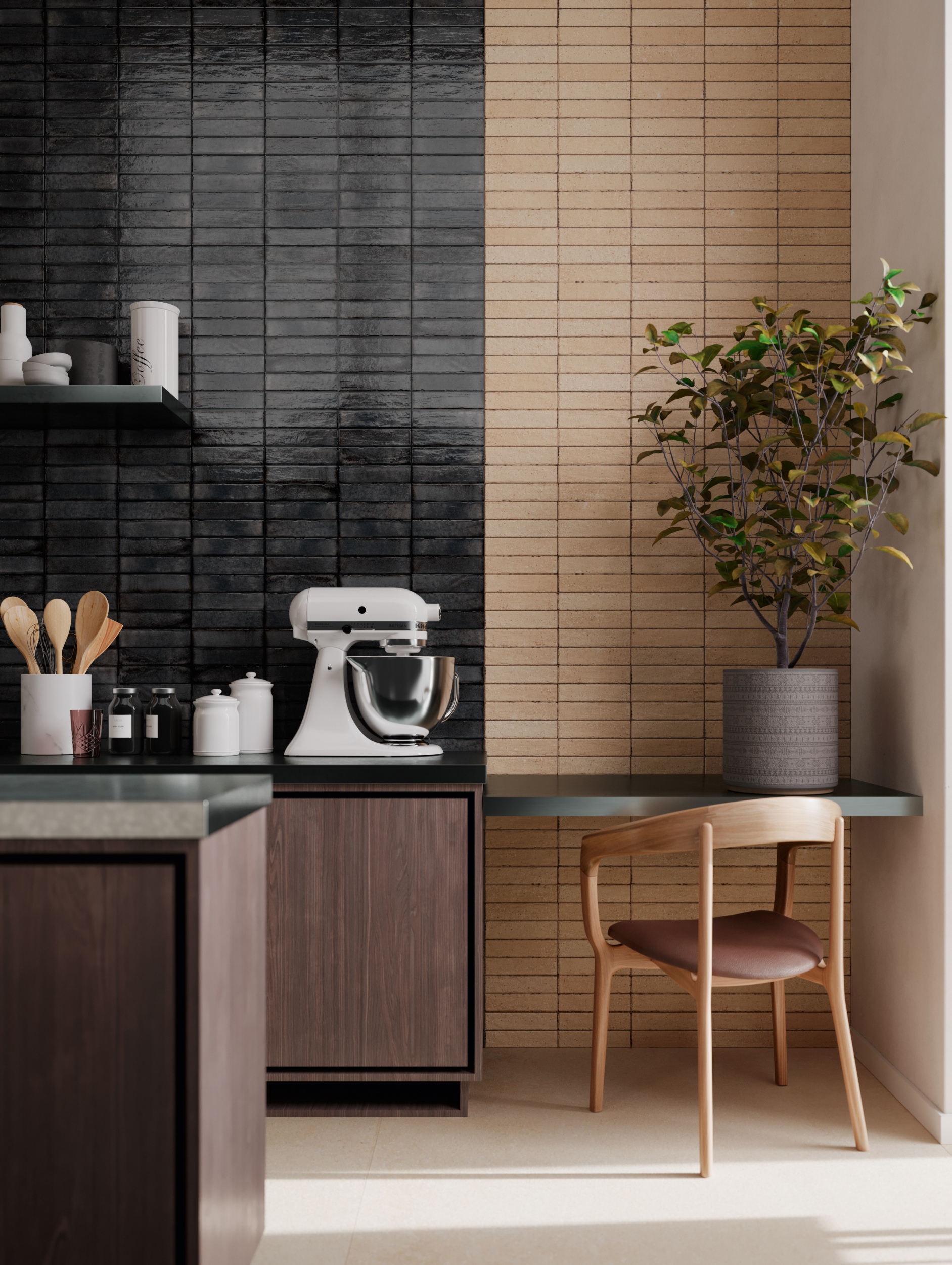 Fliese glasiert unregelmäßige Oberfläche "Tetris Smoke" dunkelgrau glänzend 5x20 cm