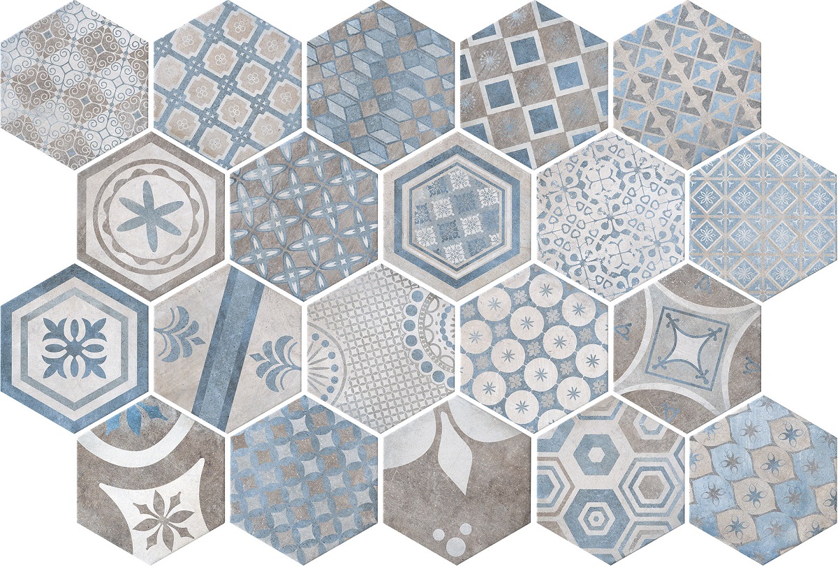 Fliese Sechseck Hexagon Dekor mix Vintage 24x27,7cm "New Orleans French Quarter Bourbon" CIR