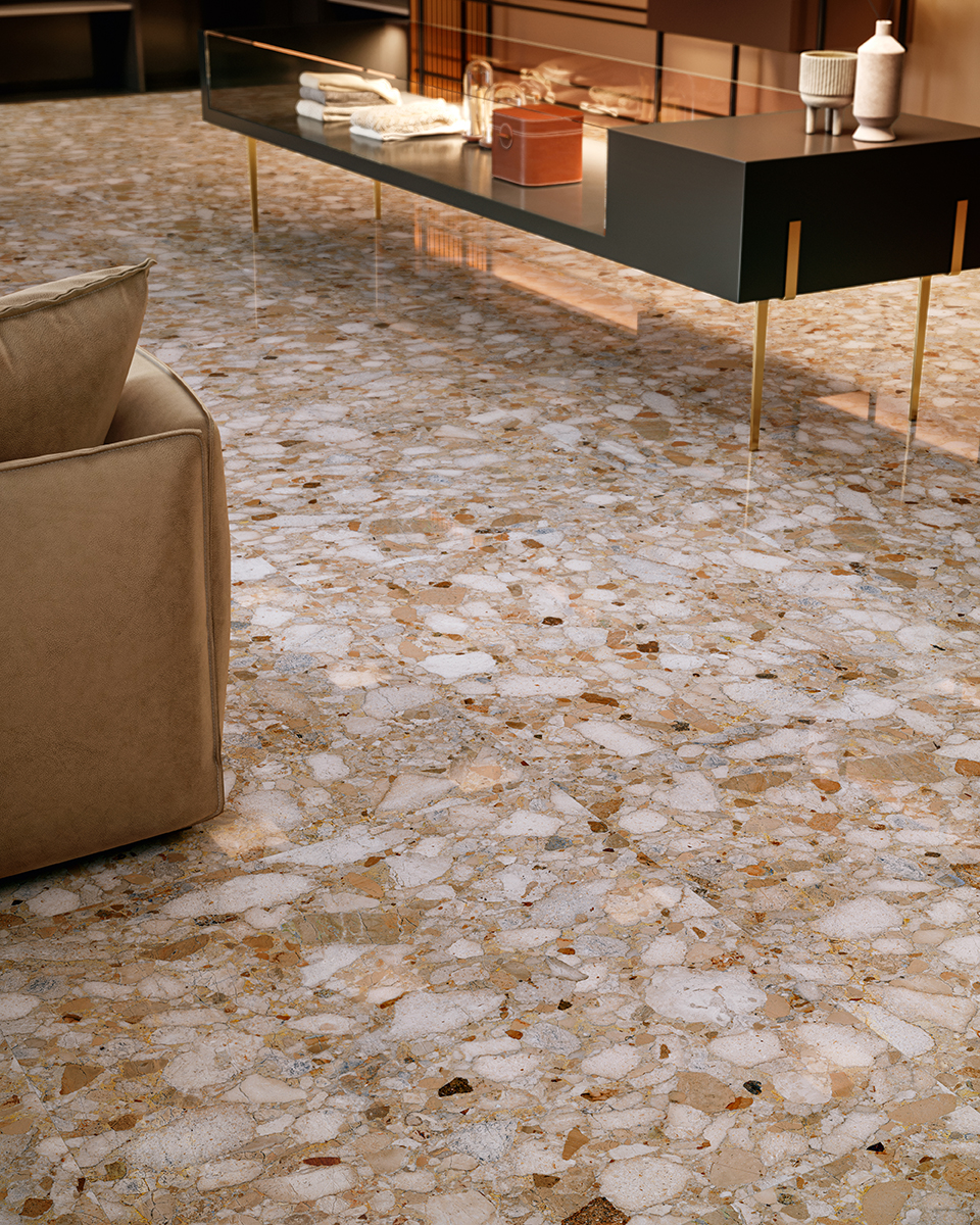 Fliese Terrazzo-Steinoptik gold glänzend kalibriert Venistone Gold Sant Agostino