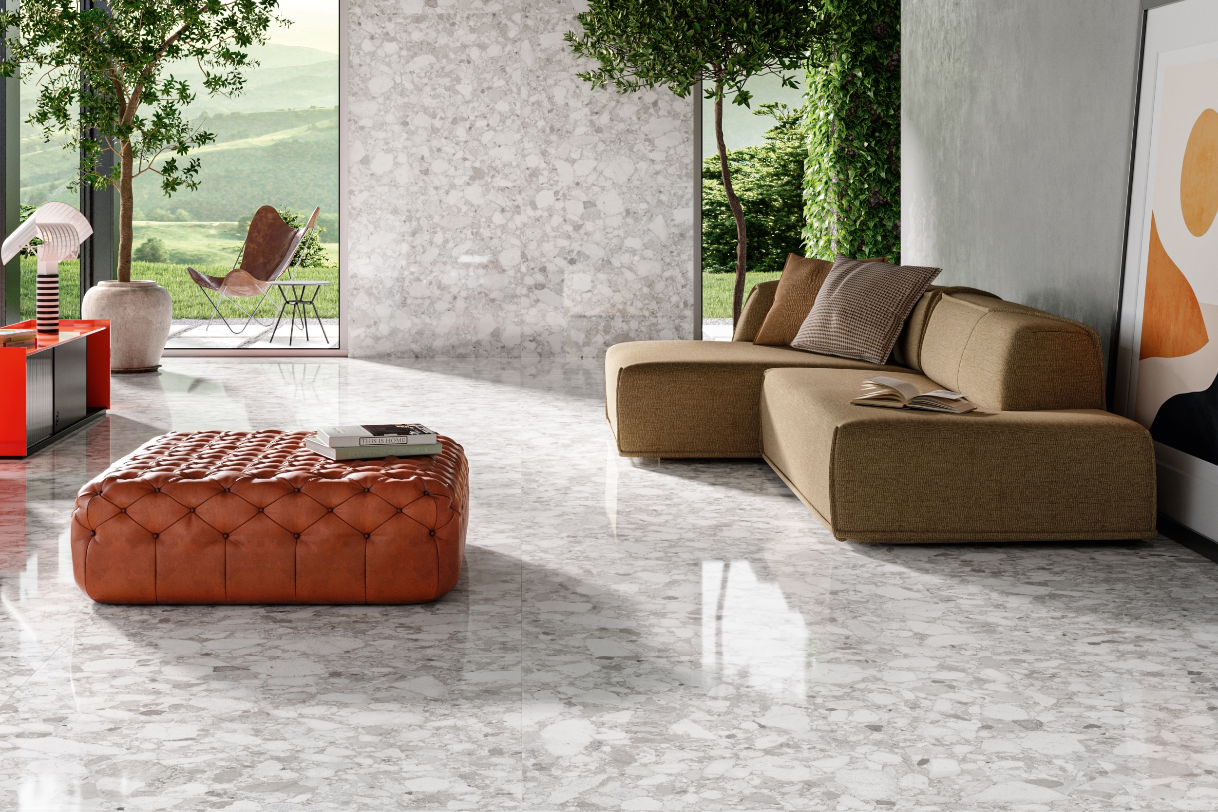 Terrazzo-Fliese große Steinoptik Veni Pearl hellgrau glänzend Bodenfliesen Wandfliesen Luxus